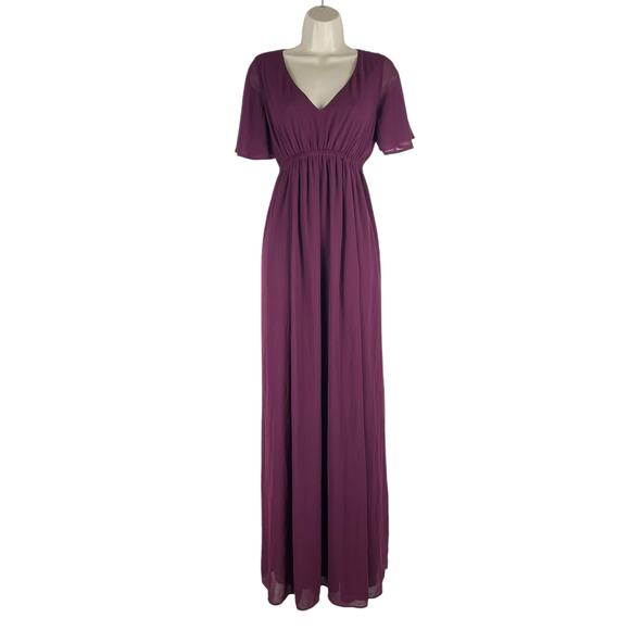 merlot chiffon dress Chiffon A-Line Long Bridesmaid Dress with Flutter Sleeves in Merlot, Merlot / 2